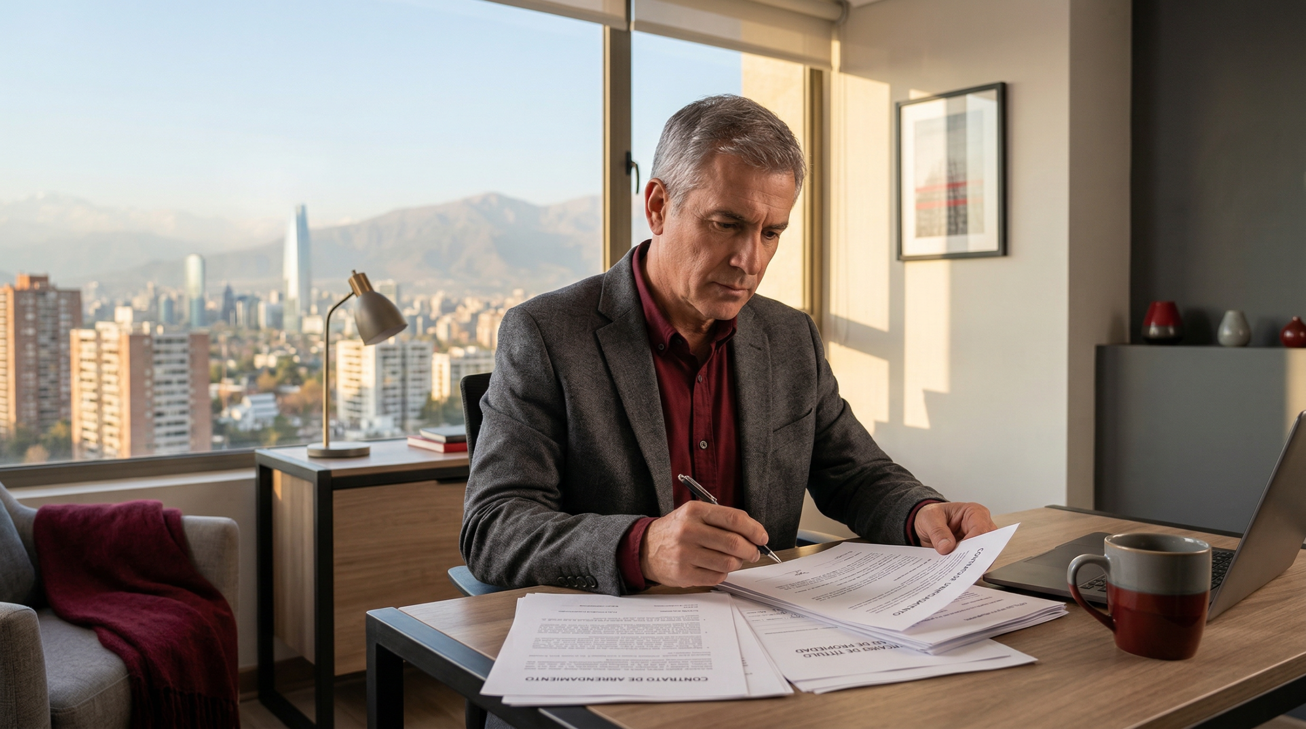 Propietario revisando contrato de arriendo y documentos legales en Santiago de Chile