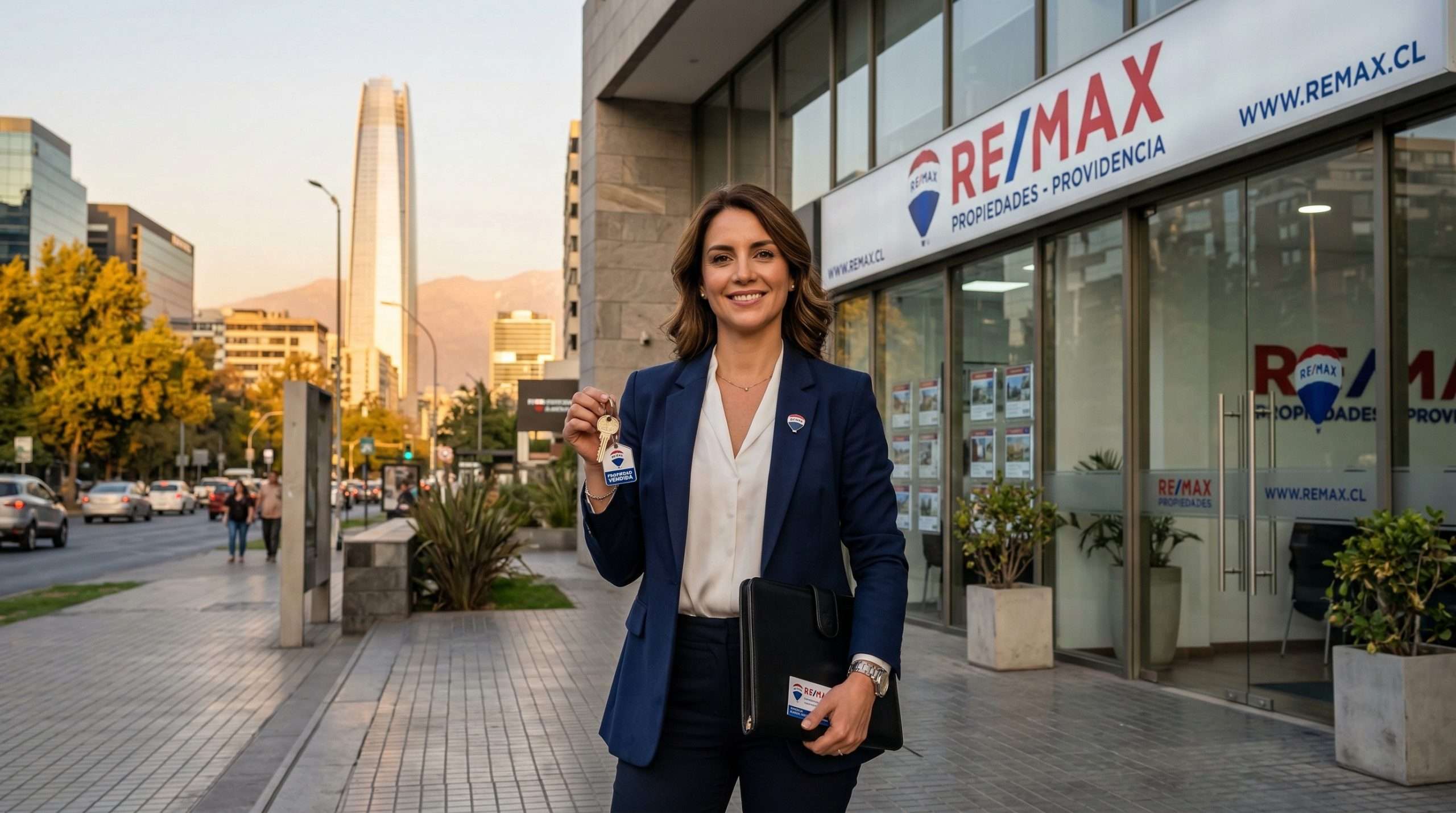 Agente inmobiliario profesional frente a oficina moderna en Providencia Santiago Chile