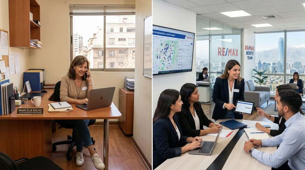 Comparacion entre corredor independiente trabajando solo y agente de franquicia con equipo en oficina moderna