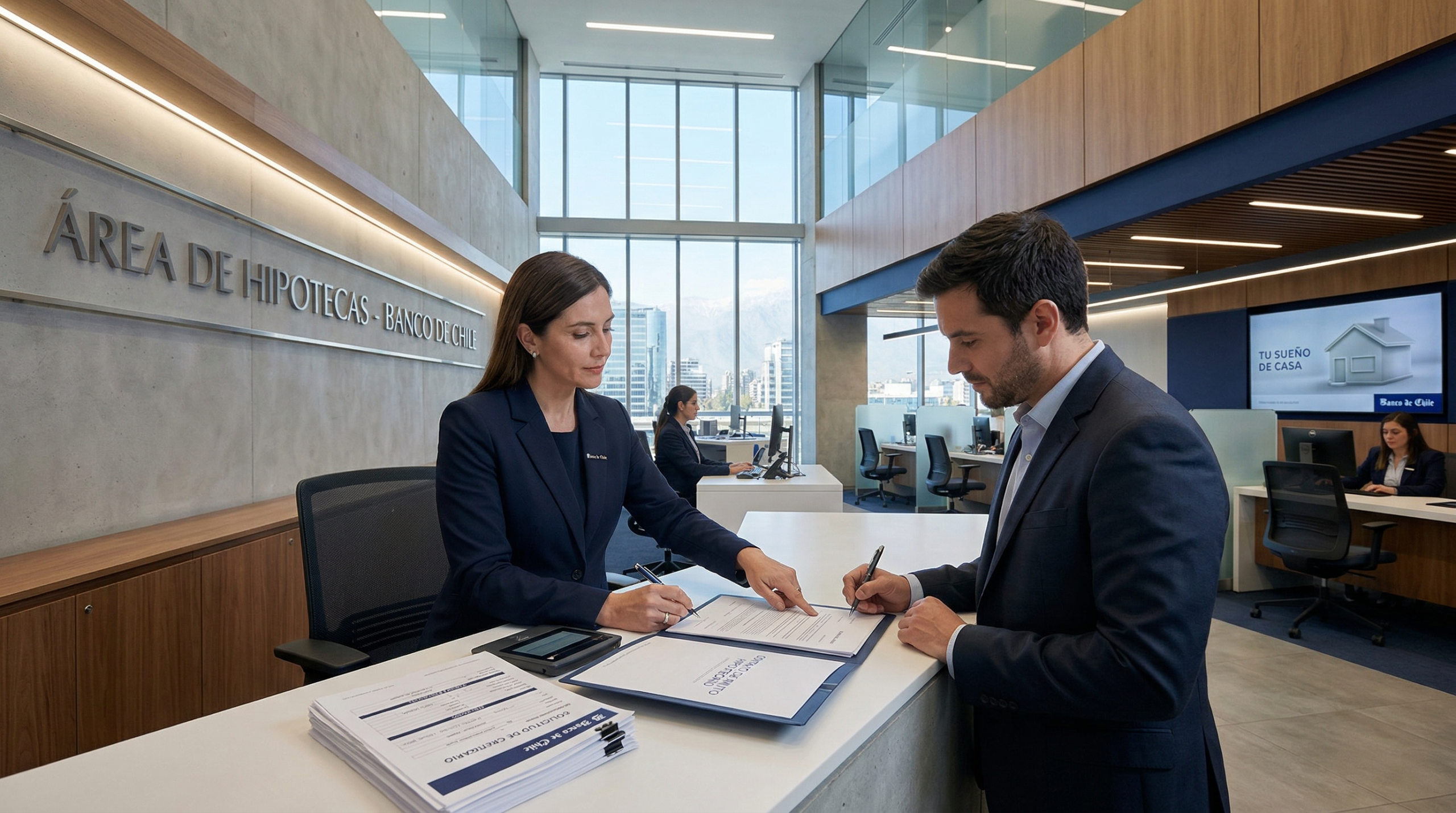 Firma de contrato de credito hipotecario en banco chileno