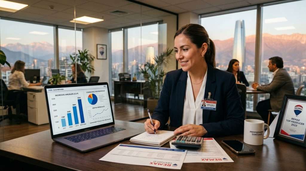 Corredor de propiedades calculando comisiones e ingresos en laptop con graficos de crecimiento