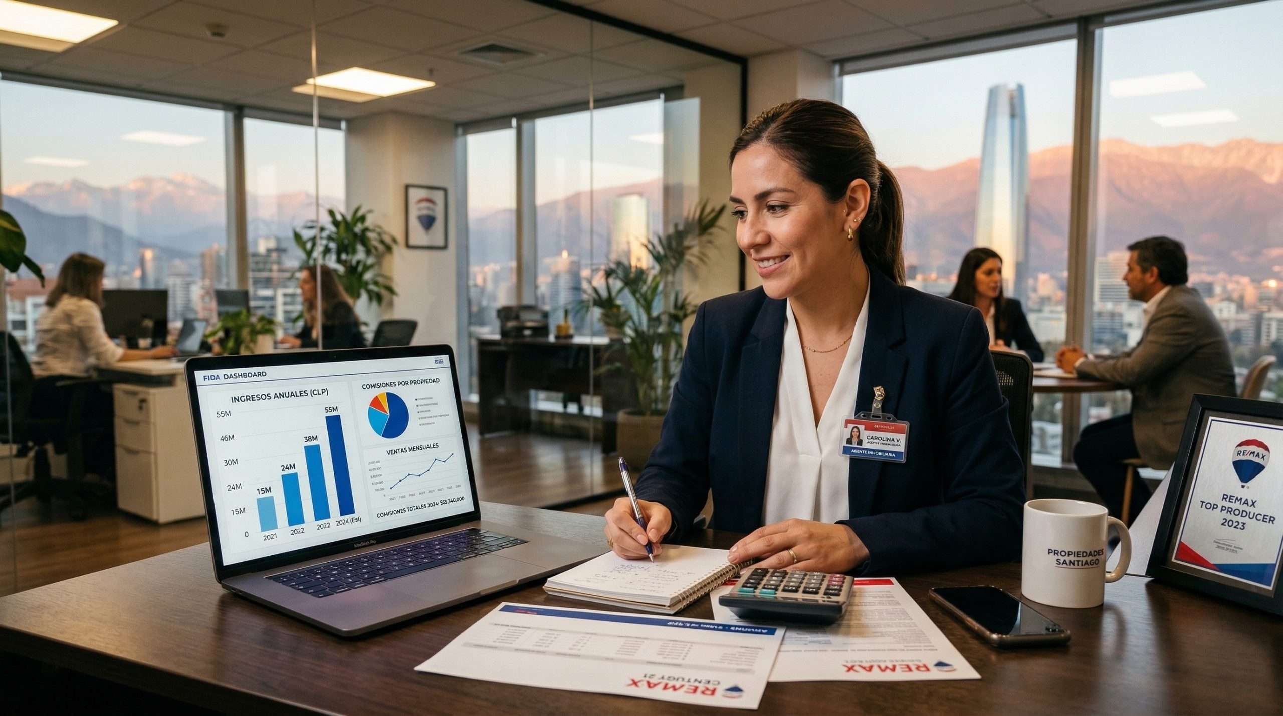 Corredor de propiedades calculando comisiones e ingresos en laptop con graficos de crecimiento