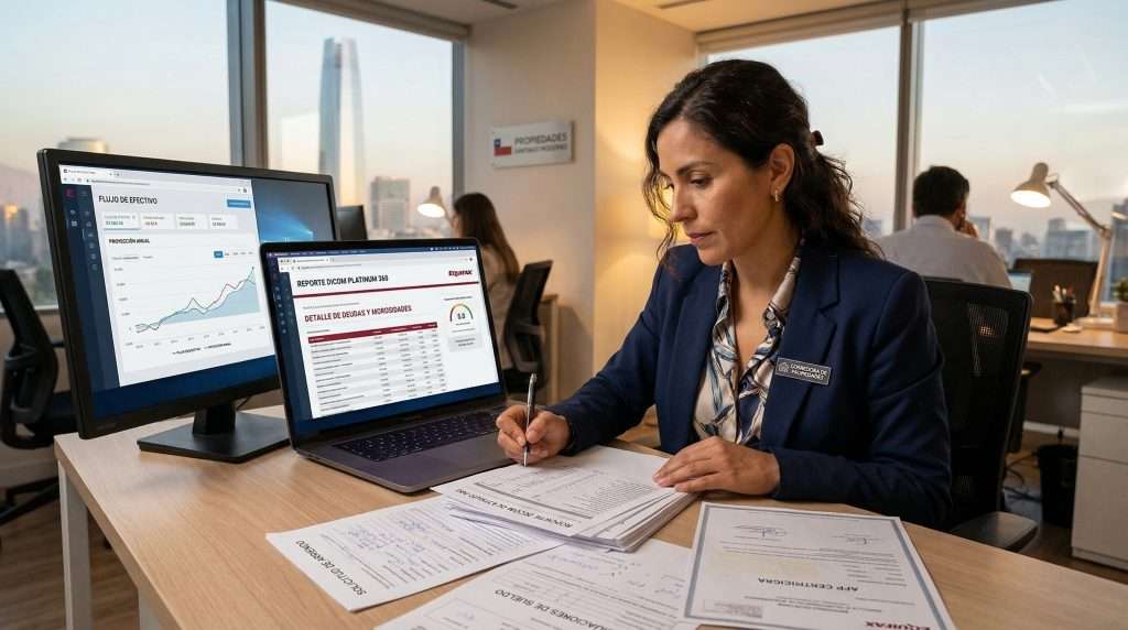 Agente inmobiliario revisando documentos de evaluacion de arrendatario con informe Dicom en oficina de Santiago