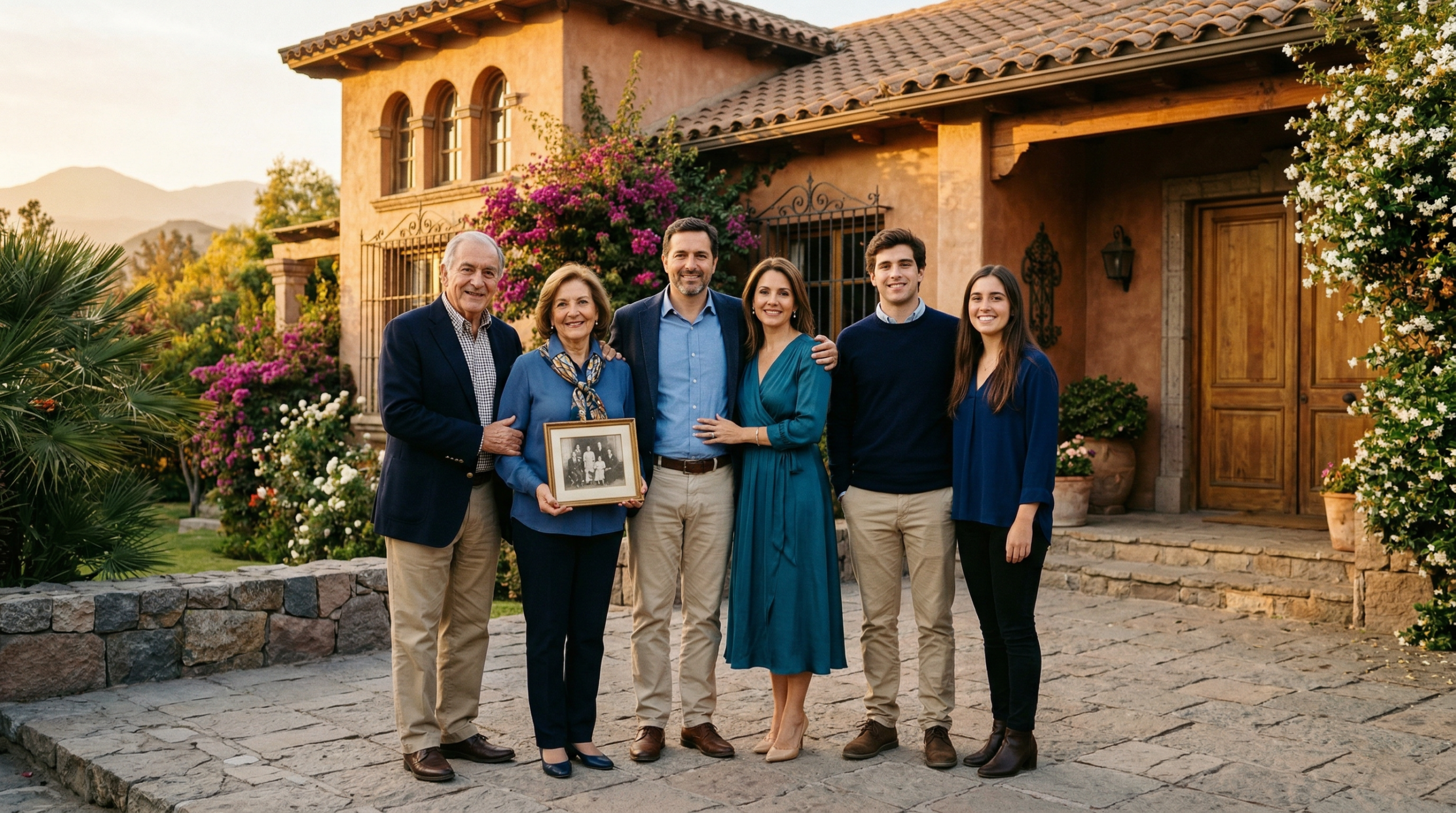 Familia multigeneracional chilena frente a casa patrimonial en Santiago