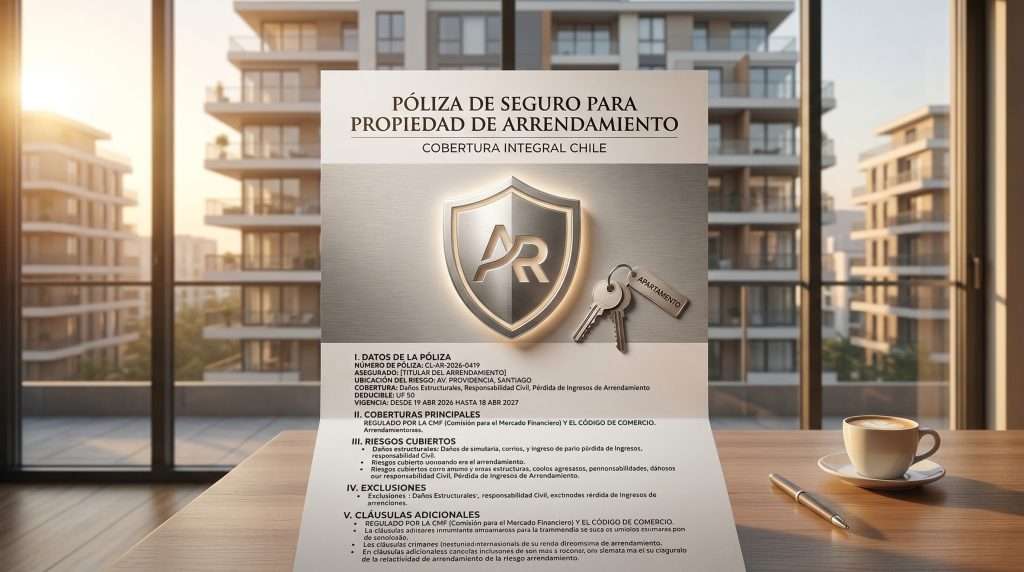 Documento de seguro de arriendo con escudo protector y llaves de departamento en Santiago Chile