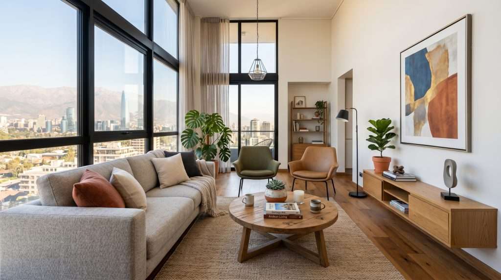 Living moderno en departamento de Santiago Chile preparado para arrendar
