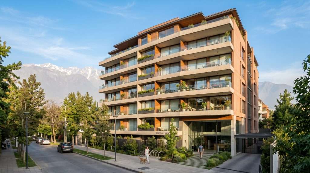 Edificio residencial moderno en Santiago de Chile con la cordillera al fondo