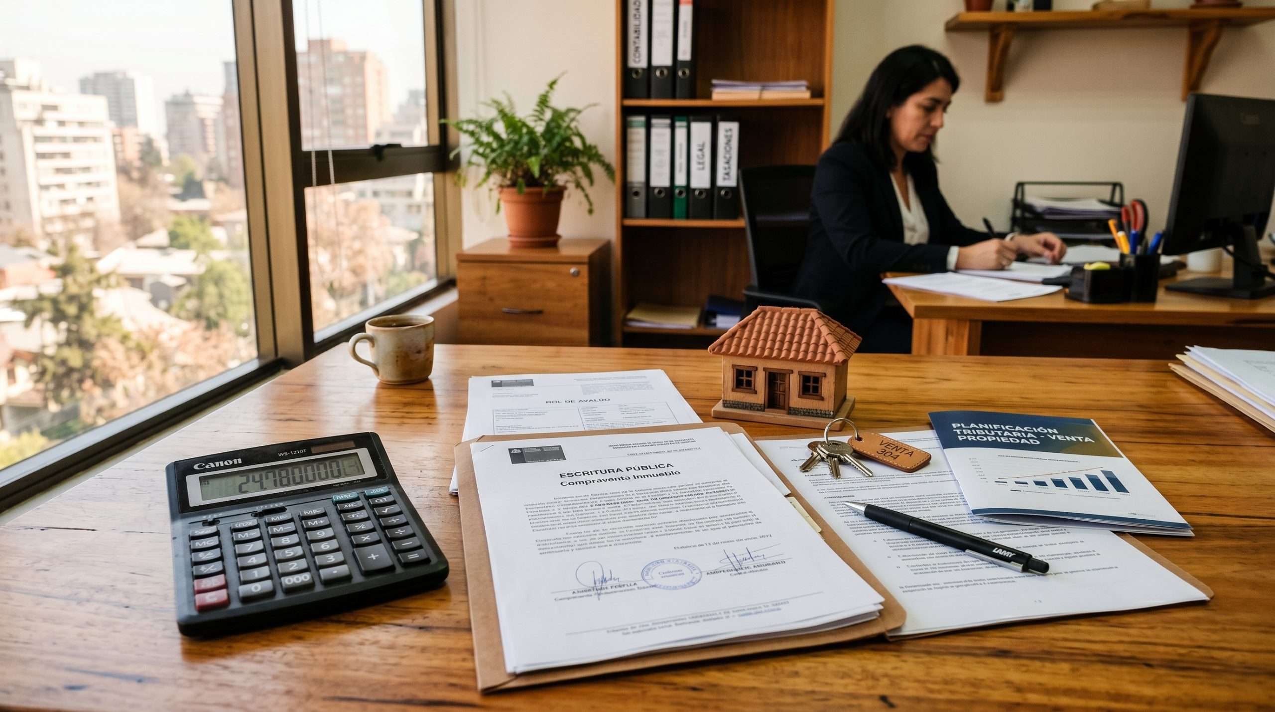 Escritorio con documentos de venta de propiedad, calculadora, llaves y una maqueta de casa
