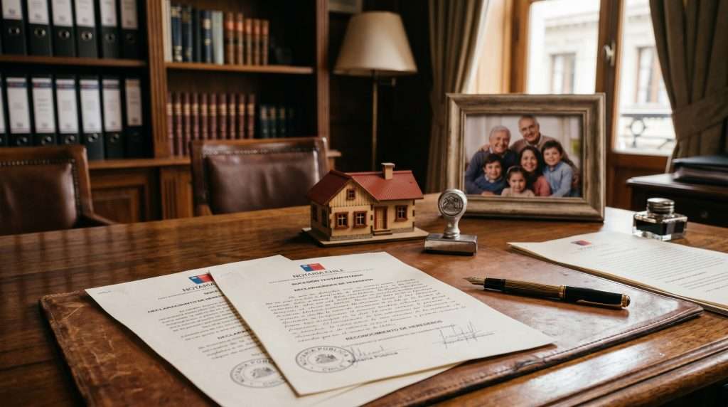 Escritorio de notaría con documentos de herencia, una pluma y una maqueta de casa