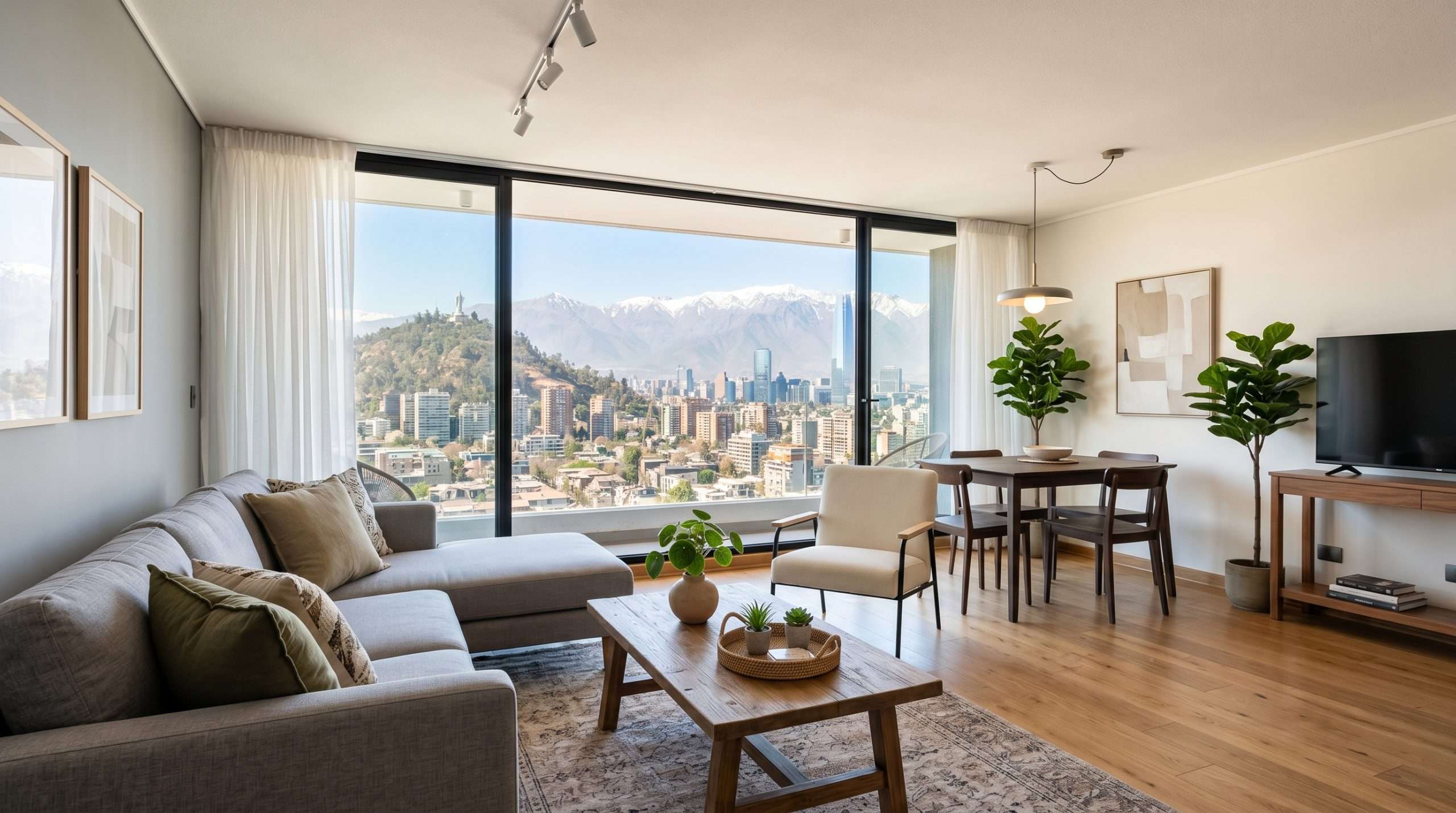 Living moderno de departamento en Santiago con ventanal y vista a la ciudad, listo para arrendar