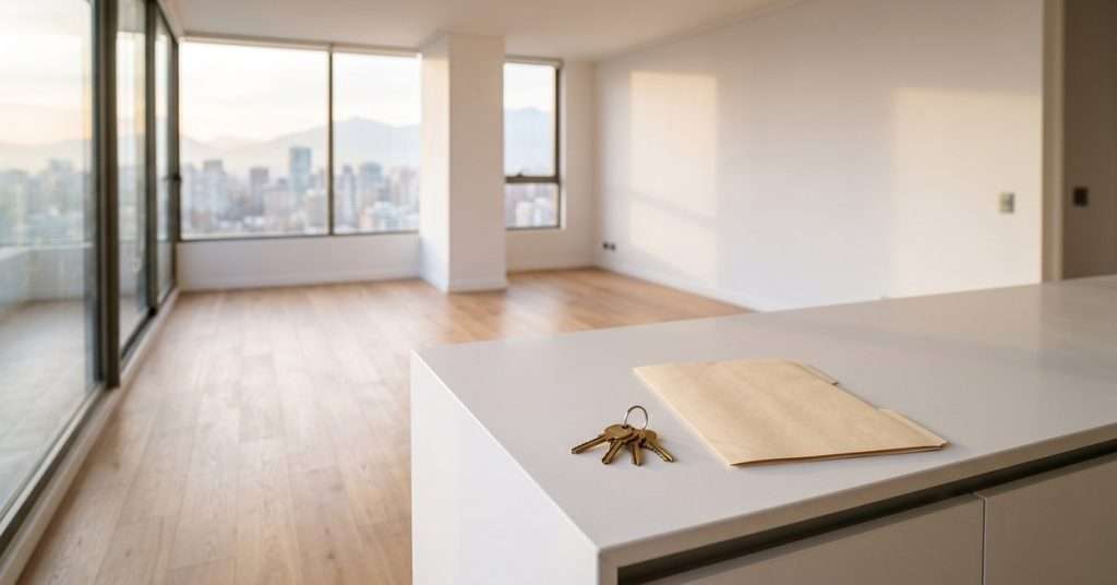 Interior luminoso de un departamento vacío en Santiago con llaves y una carpeta de documentos sobre la encimera de la cocina