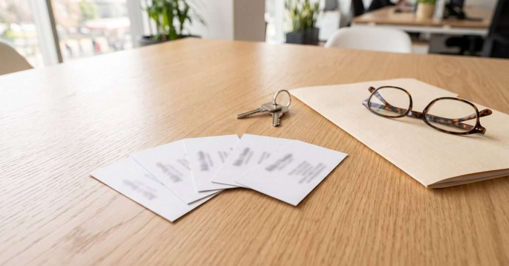 Varias tarjetas de presentación blancas en abanico sobre una mesa de madera clara, junto a un juego de llaves, una carpeta y unos anteojos, en una oficina luminosa