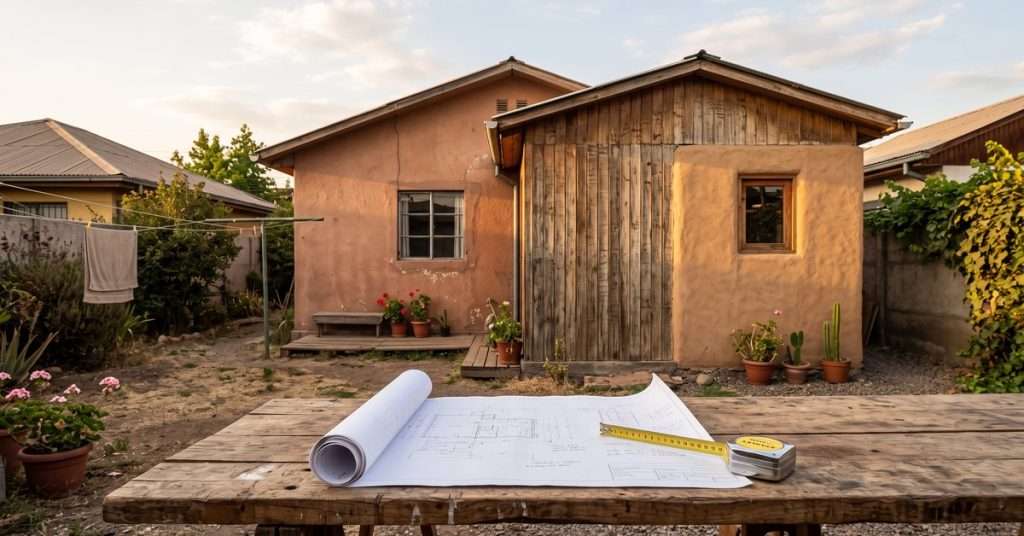 Ampliación de madera en la parte trasera de una casa chilena de un piso, con planos arquitectónicos y una huincha de medir apoyados en primer plano