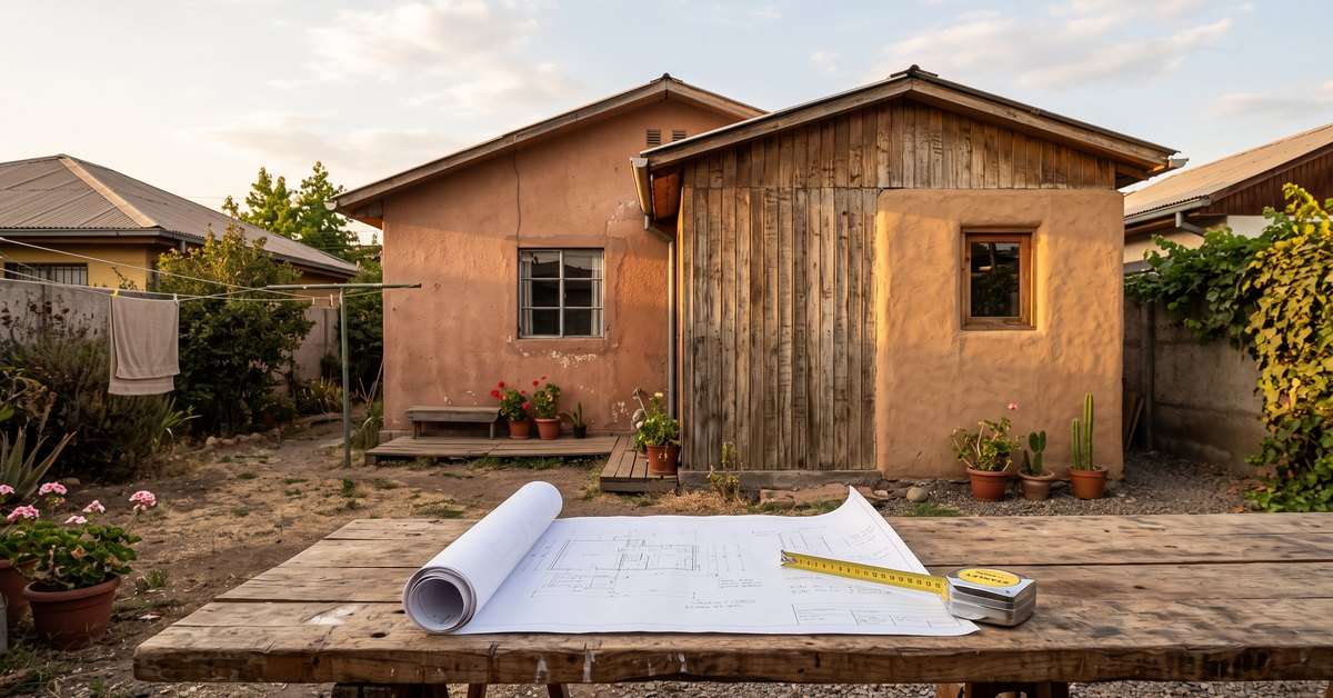 Ampliación de madera en la parte trasera de una casa chilena de un piso, con planos arquitectónicos y una huincha de medir apoyados en primer plano