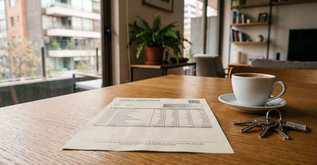 Aviso de cobro de gastos comunes sobre una mesa de comedor junto a un juego de llaves y una taza, con un edificio de departamentos de Santiago desenfocado al fondo